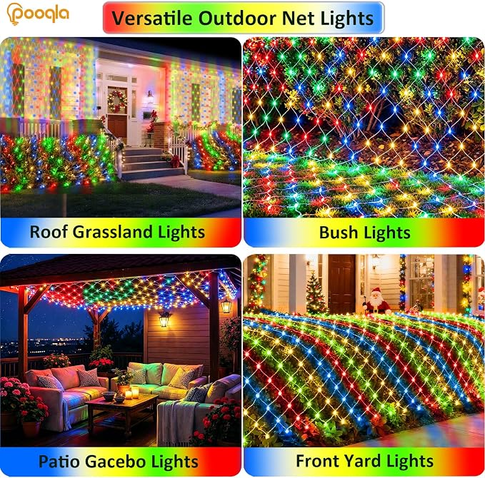 Pooqla Colorful Net Lights, 15x 5ft Christmas Lights Outdoor Green Wire | 300 LED Large Net Mesh Lights Plug in, 8 Modes Waterproof Connectable Multicolor Bushes Lights for Christmas Hedge Yard Decor