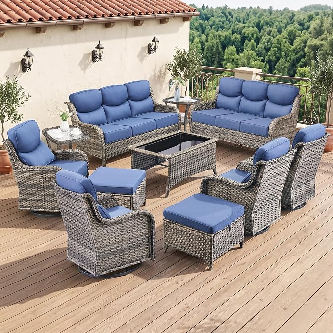 Luxury 6" Thick Cushion 11 Pieces Wicker Patio Furniture Set with High Back Swivel Rocker Chairs of 4, Outdoor Conversation Set with Patio Couch for Deck Porch Yard and Poolside