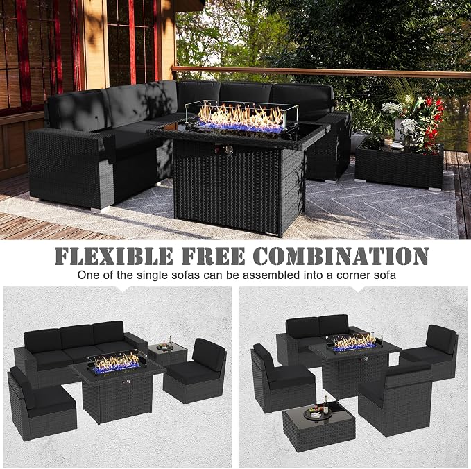 7 Pieces Patio Furniture Set with 44" Propane Gas Fire Pit Table, Outdoor Sectional Wicker Conversation Sofa Sets with Coffee Table