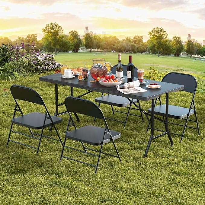 Goplus 5ft Folding Table, Indoor Outdoor Foldable Plastic Folding Tables, Heavy-Duty Rectangular Fold Up Table w/Handle, Portable Utility Card Table for Picnic, Party, Dining, Camping, Beach, Black
