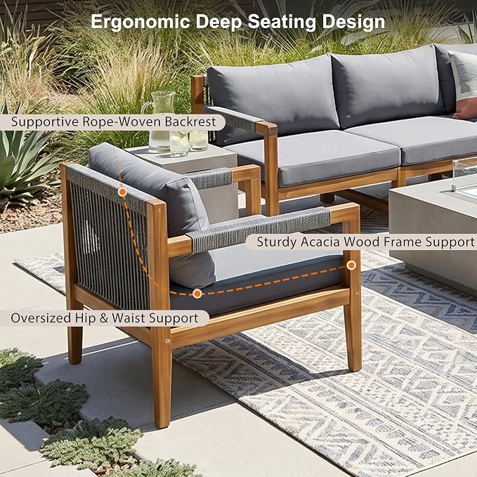 GDFStudio 3 Piece Patio Furniture Set, Acacia Wood Outdoor Sofa Set with Cushions, Rope Woven Conversation Set, 3 Seat Couch & 2 Chairs for Backyard Patio Deck Porch Garden Poolside, Grey
