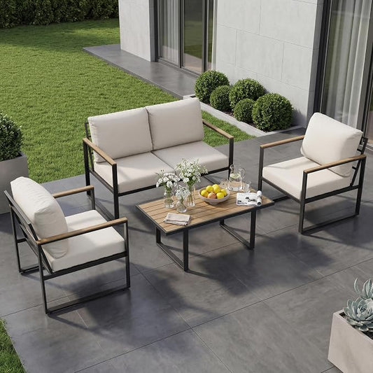 GarveeHome 4-Piece Aluminum Patio Furniture Set with Coffee Table, Outdoor Sectional Conversation Set with Washable High-Resiliency Sponge Cushions, Modern Metal Sofa for Poolside, Deck (Beige)
