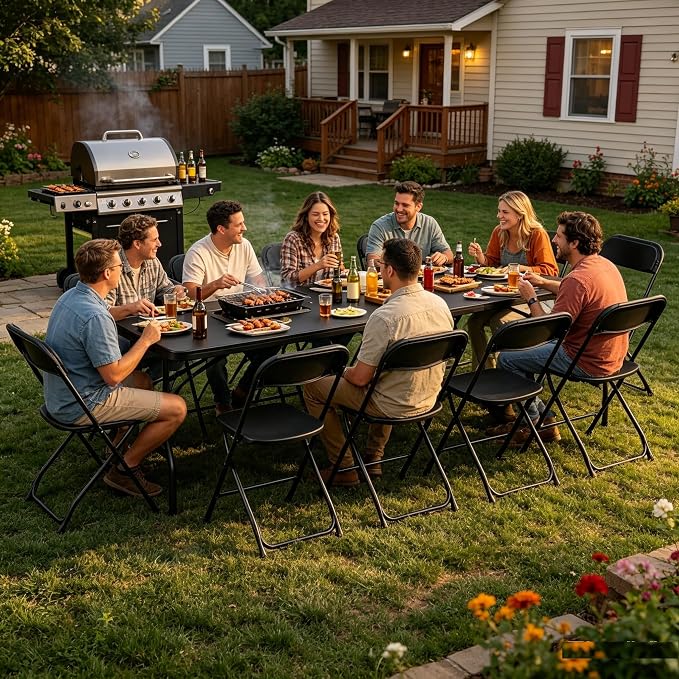 8 FT Black Plastic Folding Table Chairs Set, Portable Foldable Table with 10 Black Folding Chairs for Picnic, Event, Game, Camping, Dining, at Home and Commercial Use