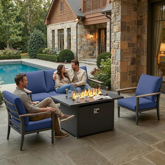 Aluminum Outdoor Patio Furniture Set, 4-Piece Outdoor Sofa with 5.1" Thick Cushions, 55,000 BTU Propane Fire Pit Table, Outdoor Couch for Balcony, Porch, Navy Blue