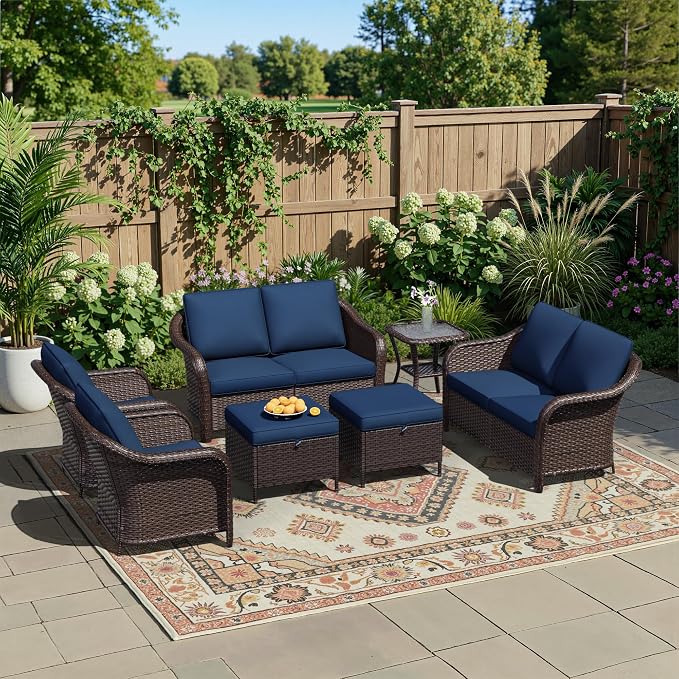 7 Piece Patio Wicker Conversation Set, 2 All-Weather Use Outdoor Wicker Loveseat with 2 PE Rattan Ottomans,2 Chair, 1 Side Table, Ideal for Porch, Backyard, Balcony, Poolside, Blue