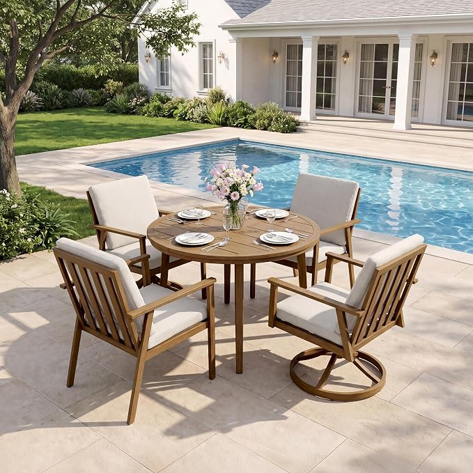 41" Round Outdoor Dining Table Set, 5-Piece Aluminum Round Outdoor Table with 4 Chairs, Rust-Resistant Faux Wood Grain Patio Table with Umbrella Hole for Garden, Backyard, Poolside, Teak
