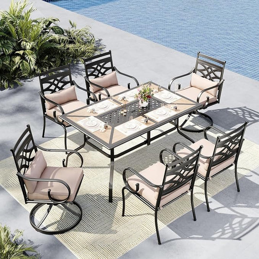 MFSTUDIO 7-Piece Patio Dining Set, 61.5" Metal Table, Swivel Chairs | Cushions Chairs, Mixed Swivel and Fixed Chairs, Umbrella Hole, Seats 6, All-Weather Use