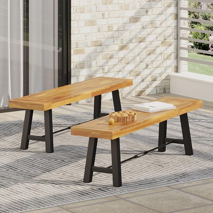 70'' Outdoor Patio Dining Table & 2 Bench for 4, Acacia Wood Farmhouse Dining Table Set Outdoor & Indoor Furniture for Patio Porch Garden, H-Shaped Metal Base, 3-Pcs, Teak