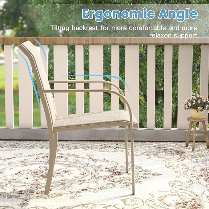 DIFY Patio Dining Set for 4, 5 Piece Outdoor Table and Chairs Set, 40.6" Round Metal Patio Dining Table and 4 Textilene Stackable Patio Chairs, for Backyard Garden Poolside, Sandshell