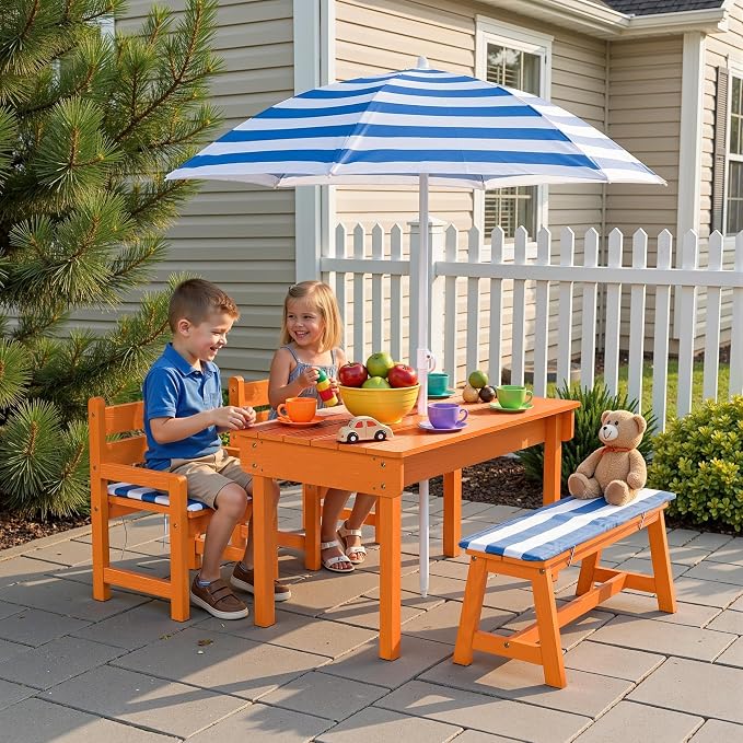 BRINJOY Kids Picnic Table, 4-in-1 Outdoor Wooden Table & Chair Set w/Umbrella & 2 Removable Boxes, Children Sand and Water Activity Table w/Cushioned Bench for Patio, Garden, Backyard