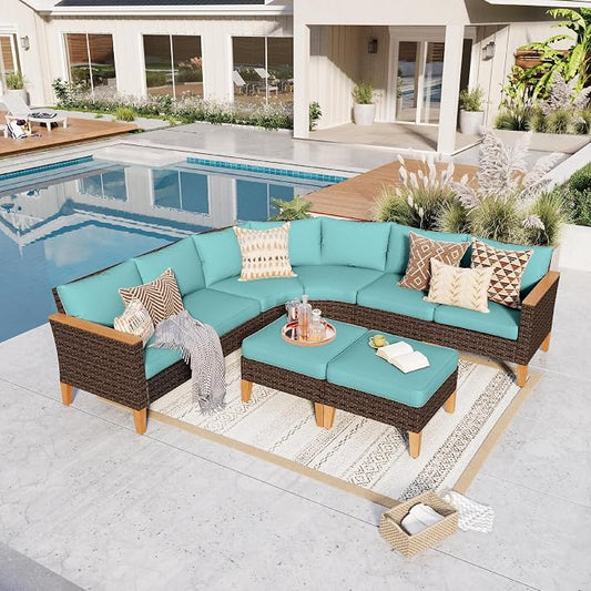 GREEN PARTY 8 Pieces Wicker Patio Furniture Set, All-Weather Outdoor Rattan Half-Moon Curved Patio Sectional Sofa Conversation Set 8 Seats with 4" Thick Cushions for Backyard, 2 x Ottomans (Blue)