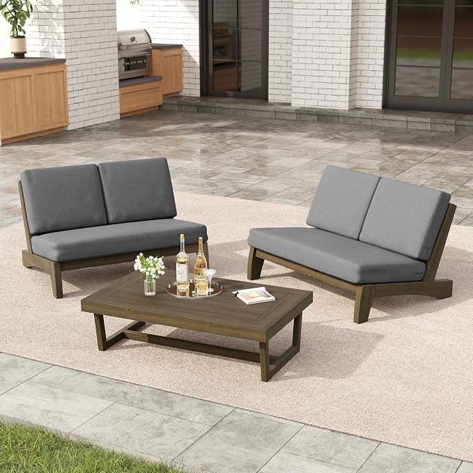 3 Pieces Patio Furniture Sets, All-Weather Outdoor Wood Bistro Set Patio Conversation Coffee Table Chiars and Patio Loveseat for Balcony, Backyard