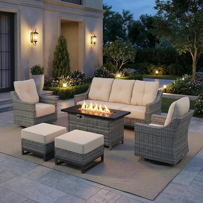 6 Piece Patio Furniture Set with Fire Pit, Grey Wicker Outdoor Conversation Set with 2 Swivel Rocker Chairs, Sofa, 2 Ottomans and Rectangular 60,000 BTU Fire Pit Table for Porch, Deck