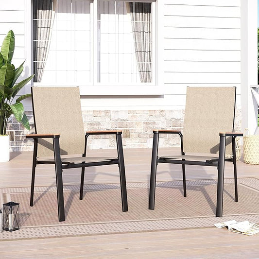 Sophia & William Patio Dining Chairs Set of 2, Stackable Aluminuum Frame | Beige textilene, Weather-resistant, light-weight & space-saving, Breathable & quick-drying, Outdoor deck backyard porch