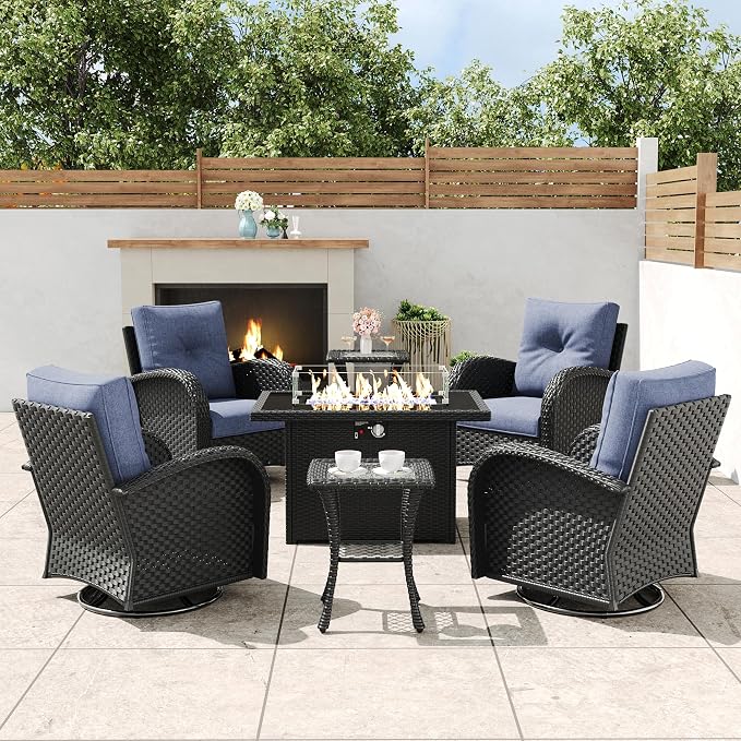 7 Pieces Outdoor Wicker Patio Swivel Rocking Chairs, All Weather Wicker Conversation Set with 44" Fire Pit Table