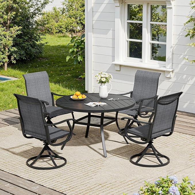 VICLLAX 5 Pieces Patio Dining Set, Patio Furniture Set of 4 Patio Swivel Dining Chairs and 40.6" Patio Spliced Round Tabletop with Storage Shelf, Dark Charcoal Chairs & Black Tabletop