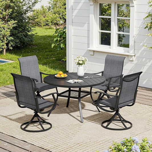 VICLLAX 5 Pieces Patio Dining Set, Patio Furniture Set of 4 Patio Swivel Dining Chairs and 40.6" Patio Spliced Round Tabletop with Storage Shelf, Dark Charcoal Chairs & Black Tabletop