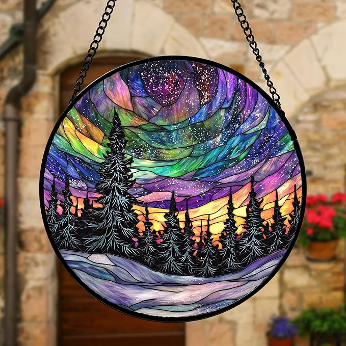 DASTOLL Stained Glass Window Hanging, Van Gogh Night Scene Sun Catchers Colorful Glass Panel Starry Sky Suncatcher Decor for Birthday for Women, Men, Wife, Aunt, and Mom 11.8x11.8 in