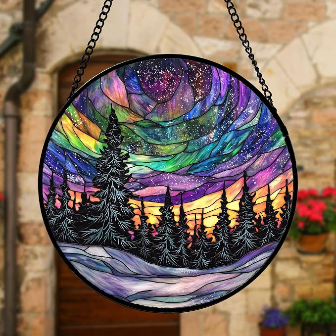 DASTOLL Stained Glass Window Hanging, Van Gogh Night Scene Sun Catchers Colorful Glass Panel Starry Sky Suncatcher Decor for Birthday for Women, Men, Wife, Aunt, and Mom 9.8 in