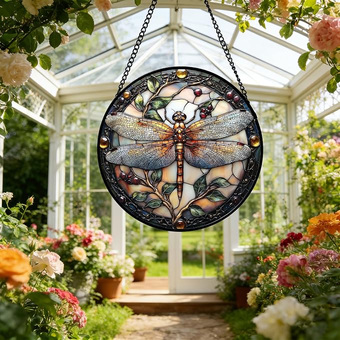 DASTOLL Stained Glass Window Hanging - Dragonfly Plant Suncatcher Ready to Hang Window Doors Home Decoration, Christmas, Mother's Day Birthday Gifts for Women, Men, and Mom11.8x11.8 in