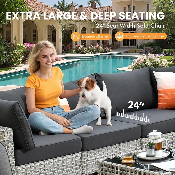 Outdoor Sectional Patio Furniture Set with Glowing Table,5 Pieces Wicker Conversation Sets L Shaped Couch Out Door Sofa Set Outside Furniture for Garden Deck Yard Porch,Black