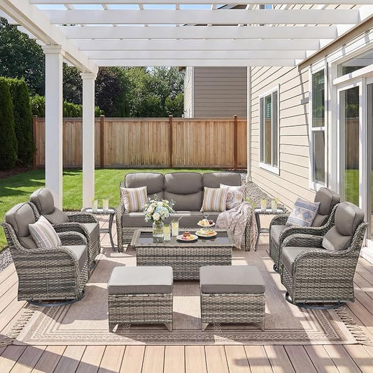 Luxury 10 Pieces Patio Furniture Set, Wicker Swivel Rocker Patio Chairs with 6" Thick Cushion, Outdoor Wicker Sofa with Coffee Table, All Weather Outdoor Conversation for Garden Porch(Grey/Grey)