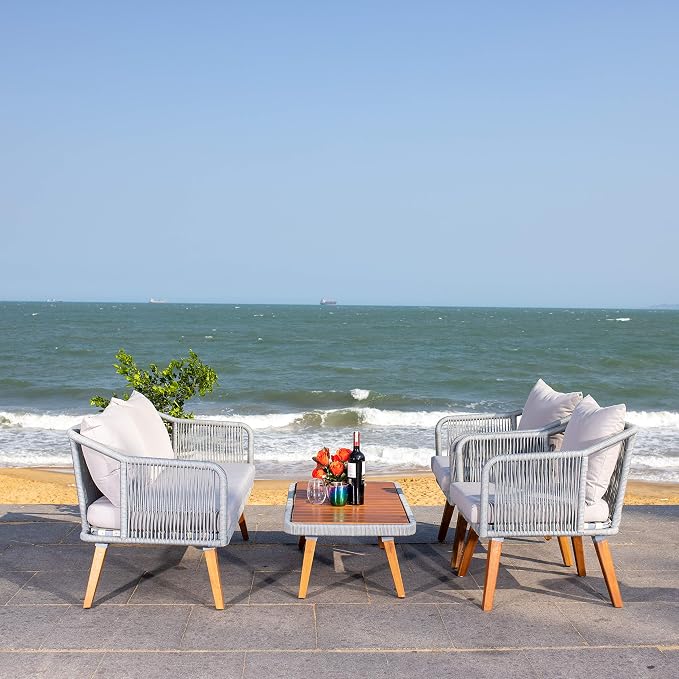 SAFAVIEH Outdoor - Raldin Grey Rope 4-Piece Patio Set, Eucalyptus Wood Conversation Set with Cushions, Outdoor Sofa, Chairs & Coffee Table (PAT7049C)