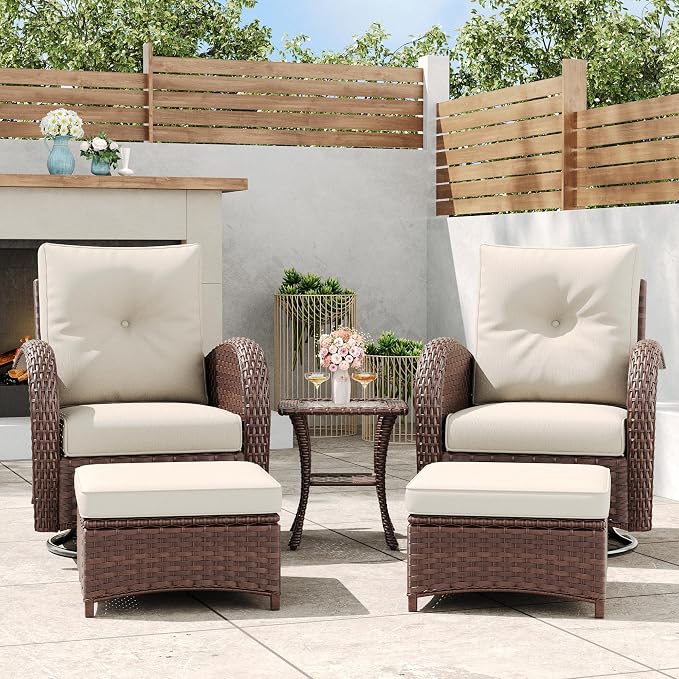 5 Pieces Outdoor Wicker Patio Swivel Rocking Chairs, All Weather Wicker Conversation Set with Side Table