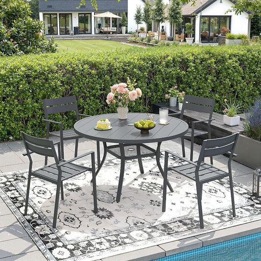 DIFY 5 Piece Outdoor Patio Dining Set for 4, Patio Table and Chairs Set with Umbrella Hole, 40.6" Round Dining Table and Stackable Metal Chairs for Backyard Garden Poolside, Grey