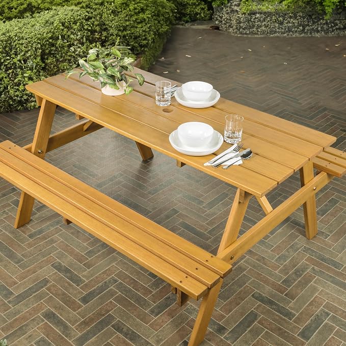 JONATHAN Y Shoreham 59" Eucalyptus Wood Outdoor Picnic Table with Benches for Patio, Rectangular Dining Set with 2" Umbrella Hole, Heavy Duty 700 lbs Capacity, Teak Brown BNH200A