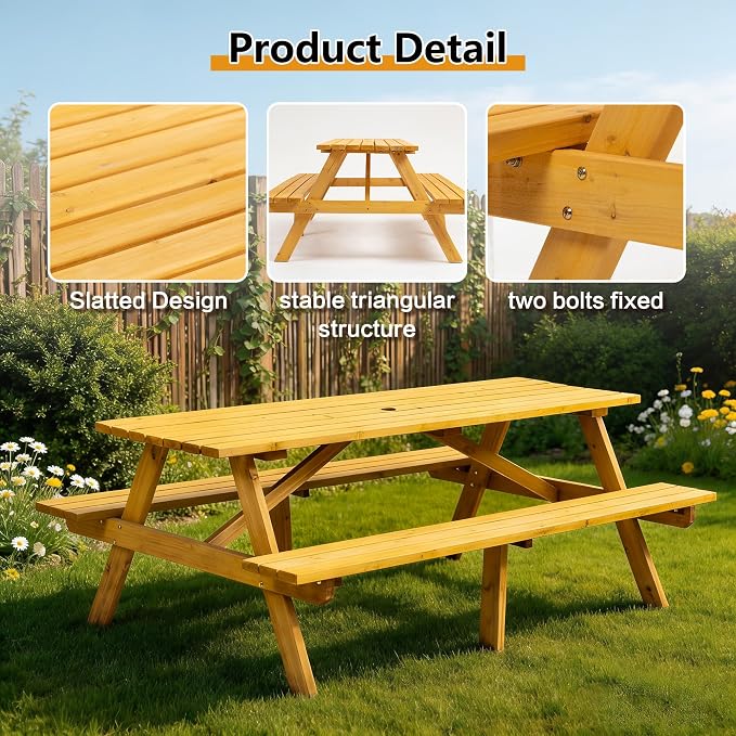 75 inch Wooden Picnic Table,Outdoor Wooden Dining Rectangle Table w/Umbrella Hole,Picnic Table Bench Set for 6 or 8 Person，2200lbs Capacity Natural for Camping, Garden & BBQ,Yellow