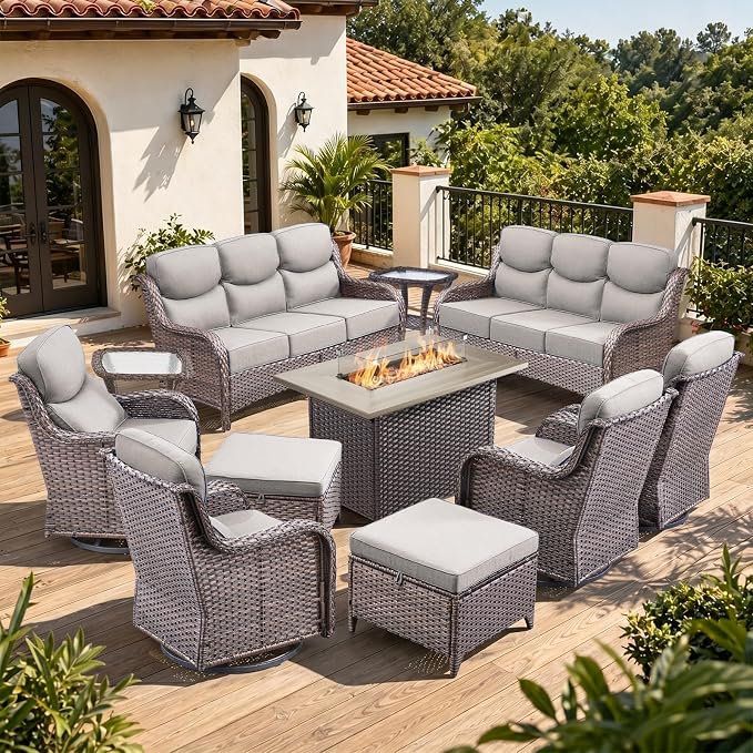 Luxury 6" Thick Cushion 11 Pieces Wicker Patio Furniture Set with 41”Fire Table, Outdoor Conversation Set with Swivel Rocker Chairs Set of 4 and Patio Couch for Deck Porch Yard and Poolside