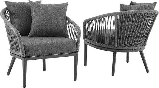 Crosley Furniture Dover 2-Piece Indoor Outdoor Chair Set, Patio Chairs for Conversation, Porch, Deck, Matte Black with Charcoal Cushions
