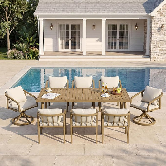 Outdoor Dining Set,9-Piece Patio Dining Table Set for 8 with Rectangular Table and 6 Thick Cushion Dining Chair & Swivel Chair, Aluminum Patio Furniture Set for Backyard, Garden (Brown)