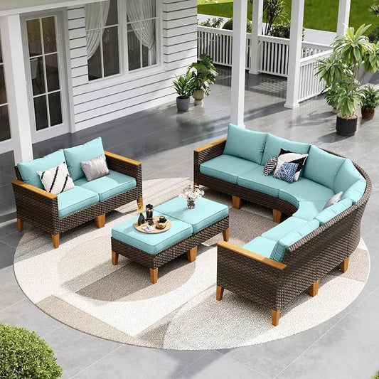 Sophia & William Outdoor Wicker Sectional Sofa Set, 10 Piece Half Moon Curved Patio Furniture Modern Round Outdoor Couch Conversation Set with Ottoman for Backyard, Pool, Garden(Aqua Blue)