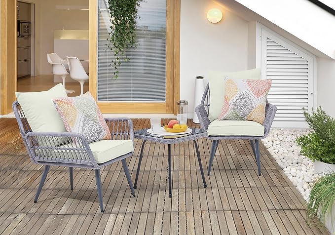 Manhattan Comfort Cannes 3-Piece Patio Conversation Set, Outdoor Furniture | Includes Modern Cushioned Rope Wicker Chairs & End Table, Removable & Washable Cushions, Tempered Glass Tabletop, Cream