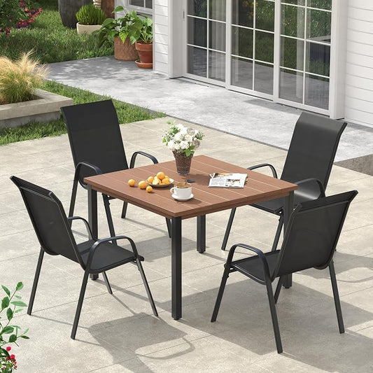 VICLLAX Square Outdoor Patio Dining Set, Metal Slatted Patio Table with Umbrella Hole and 4 Stackable Patio Chairs for Deck Lawn Garden, Black Fabric and Walnut Tabletop