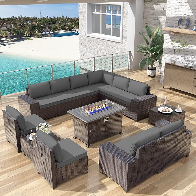 Kurapika 13 Pieces Patio Furniture Set, Rattan Wicker Outdoor Conversation Sets w/43in Propane Fire Pit Table(Grey)