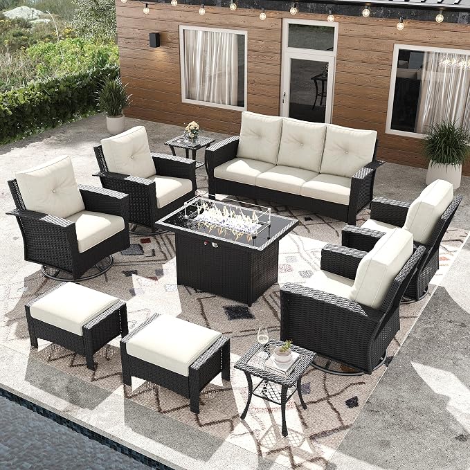 10 Pieces Outdoor Patio Furniture Set with Fire Pit Table, Wicker Patio Sectional Set Conversation Wicker Swivel Chairs with Small Side Table