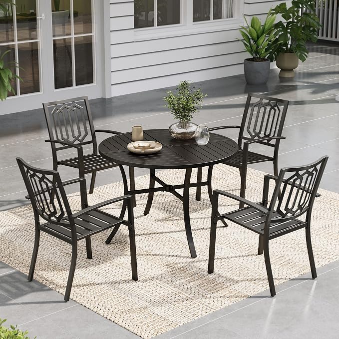 Sophia & William Round Patio Table and Chairs Set, Outdoor Dining Set for 4, 5 Piece Metal Patio Furniture, 42" Black Table(Geometry)