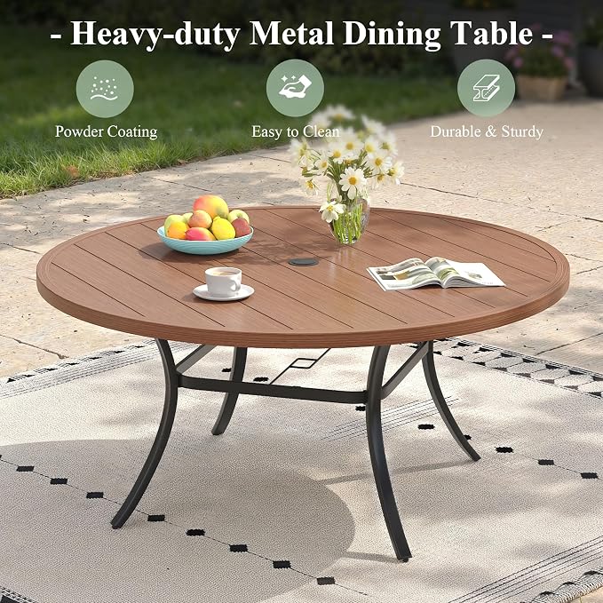 Outdoor Dining Set for 6, 50" Outdoor Dining Table with Umbrella Hole and Padded Textilene Patio Swivel Chairs, 7 Pieces Patio Table and Chairs Set for Garden Backyard, Mixed Brown and Walnut