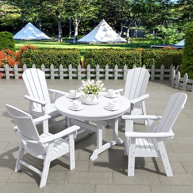 WestinTrends Malibu Patio Dining Table, All Weather Poly Lumber Adirondack 47" Trestle Round Outdoor Table with Umbrella Hole, White