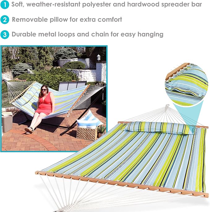Sunnydaze Set of 2 Outdoor Quilted Fabric Hammocks - 2-Person Hammock with Spreader Bars – Red Stripe and Blue/Green Stripe