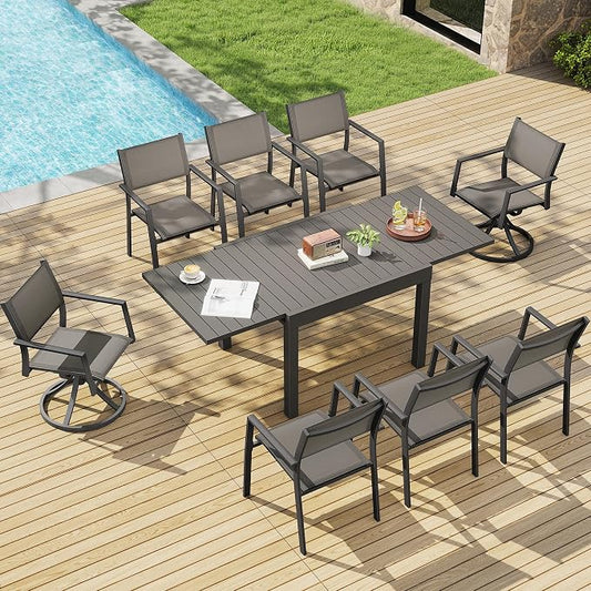 9 Piece Outdoor Dining Set, Expandable Outdoor Patio Dining Table and Swivel Chair Set, Aluminum Outdoor Table and 8 Chairs with Textilene Fabric & Armrest for Patio, Garden, Lawn(Black)