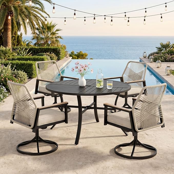 Patio Dining Set 5 Piece, 4 x Woven Rattan Swivel Chairs with Waterproof Cushion, 42” Metal Round Dining Table with Umbrella Hole, Outdoor Table and Chairs Set for Backyard Lawn and Deck, Beige