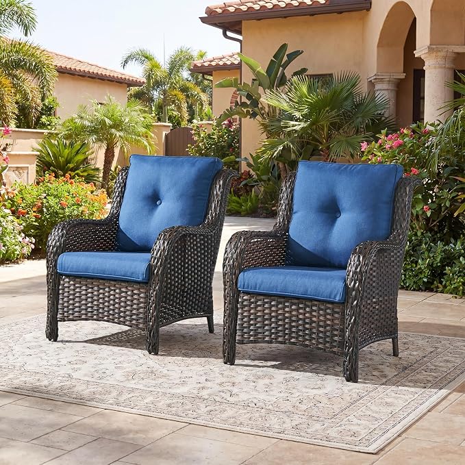 Rilyson Outdoor Wicker Patio Chairs Set of 2: High Back, Deep Seating, Wide Armrest, Thick Comfort Cushions, Ideal for Porch Deck Backyard Garden(Brown/Blue)