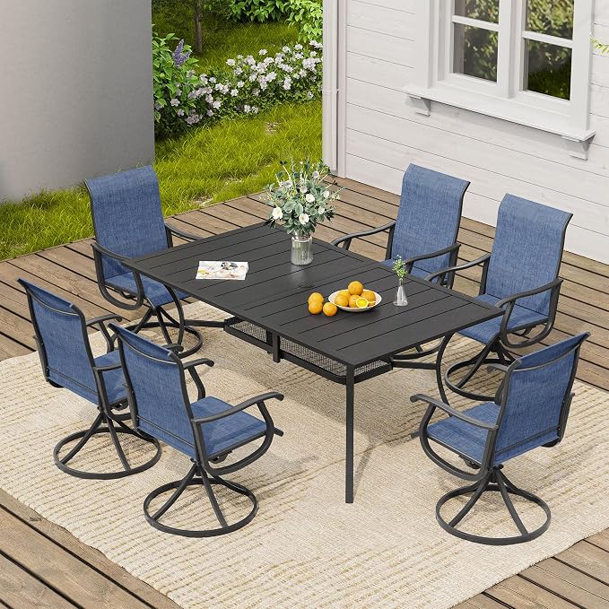 VICLLAX 7 Pieces Patio Dining Set, Patio Furniture Set of 6 Patio Swivel Dining Chairs and Rectangular Patio Table with Storage Shelf, Navy Blue Chairs & Black Tabletop