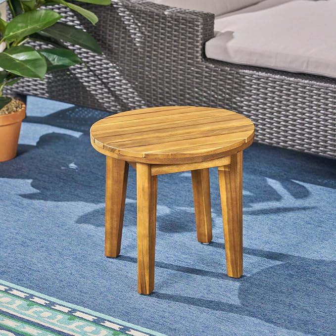 16” Small Outdoor Side Tables with Slatted Top, Round Outdoor Table, Wood Side Table, Small Patio Side Table for Patio, Balcony, Garden & Backyard, Teak Finish (Teak)