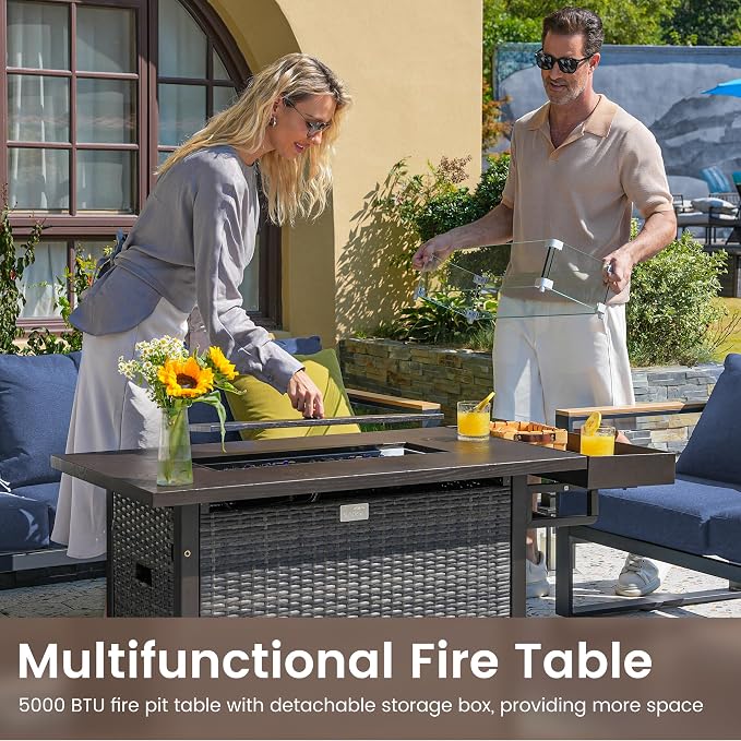 Sundale Outdoor Wicker Patio Furniture Set with Fire Pit, 6 Piece All Weather Outdoor Furniture Set with Swivel Chairs & Couch, High Back Patio Conversation Sets with 6" Cushions for Yard, Deck (Blue)