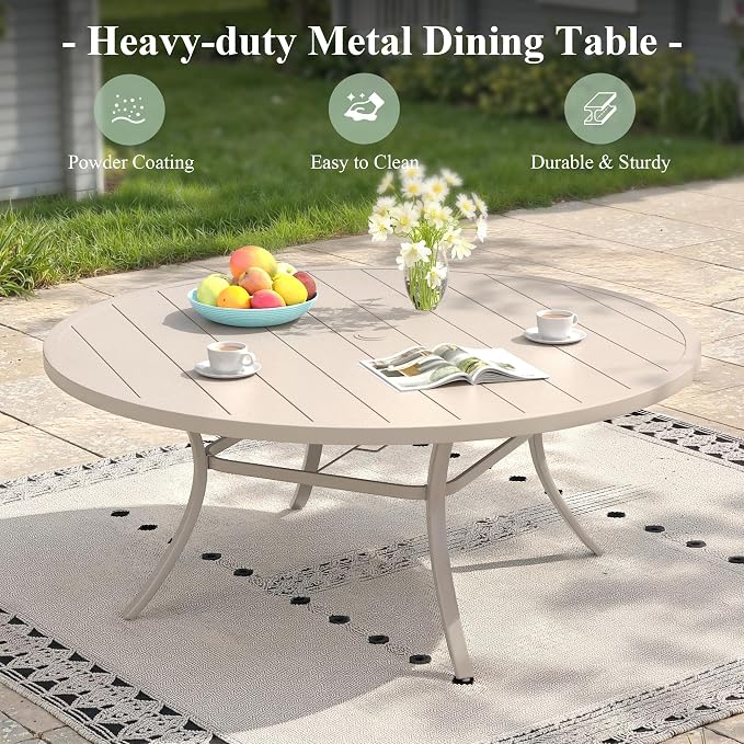 Outdoor Dining Set for 8, 60" Metal Round Outdoor Dining Table with Umbrella Hole and Sling Patio Swivel Chairs, 9 Pieces Patio Table and Chairs Set for Garden Backyard, Sandshell